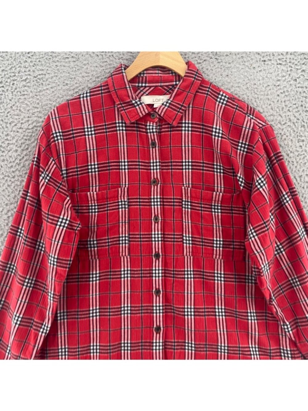 LOFT Shirt Womens Medium Red Plaid Flannel Button Up Long Sleeve Collared Casual - Picture 2 of 10
